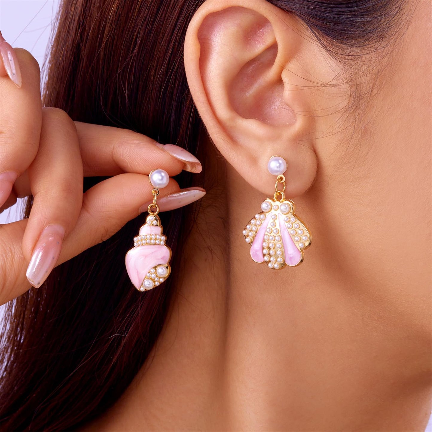 Asymmetric Starfish Seashell Earrings Gold Plated Boho Handmade Charm Cowrie Sea Shell Conch Star Ocean Animals Long Dangle Drop Earrings for Women Hawaii Summer Beach Party Holiday Jewelry Gifts (Pink conch)