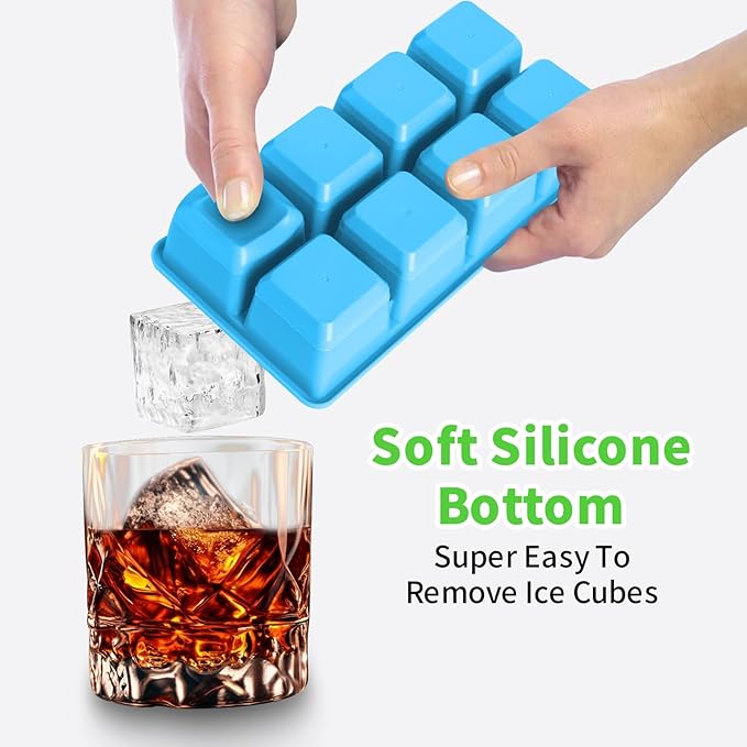 Large Ice Cube Trays with Lid, Jrisbo 2 Pack Stackable Silicone Ice Cube Molds for Freezer, Easy Release 16 Big Square Ice Trays for Whisky Cocktails (Pure Blue)