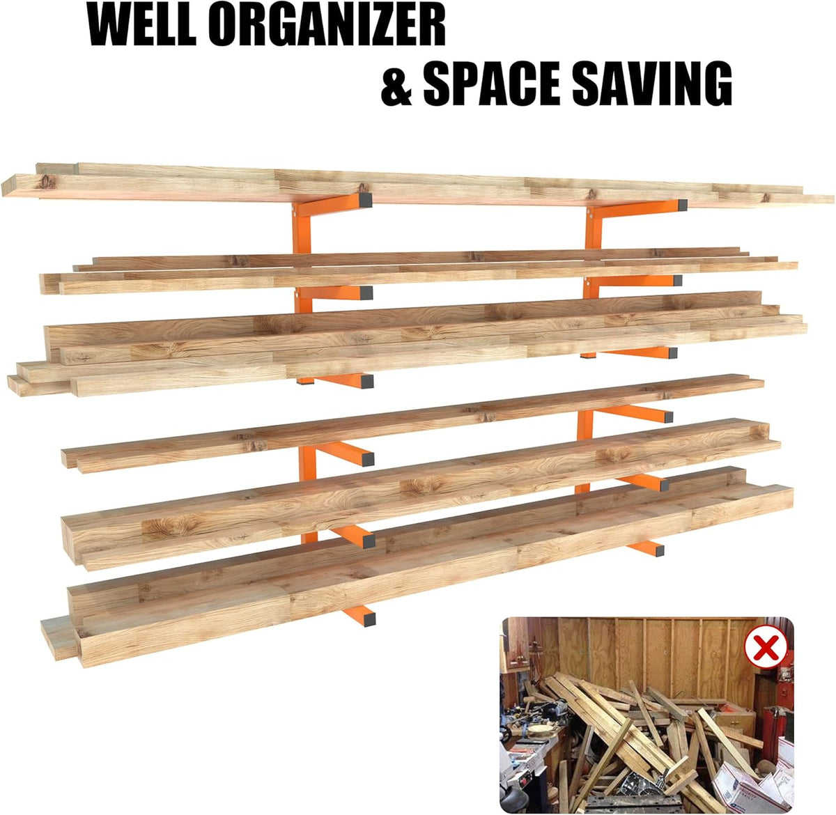 UNITEDPOWER Wall Mount Wood Organizer, Lumber Storage Rack, Heavy Duty Metal Shelf with 6-Level for Workshop or Garage, Indoor Or Outdoor Use-4 Hook