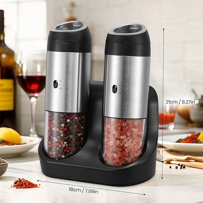 Rechargeable Gravity Electric Salt Grinder Set with Variable Grinding Speed, External Adjustable Coarseness,Charging Base and White LED Light,Stainless Steel