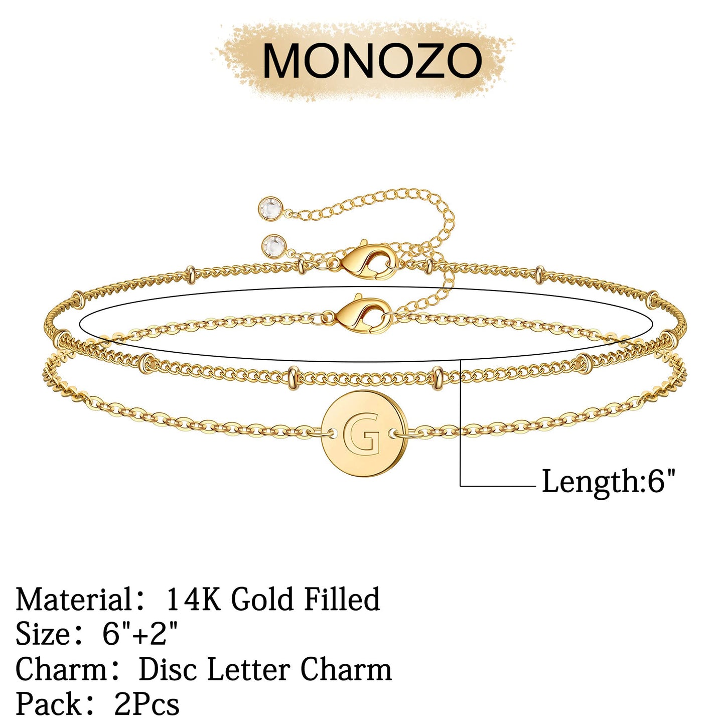 MONOZO Gold Initial Bracelets for Women, Dainty 14K-gold-plated Layered Beaded G Letter Initial Bracelet Personalized Alphabet Disc Monogram Charm Bracelet Jewelry Gifts