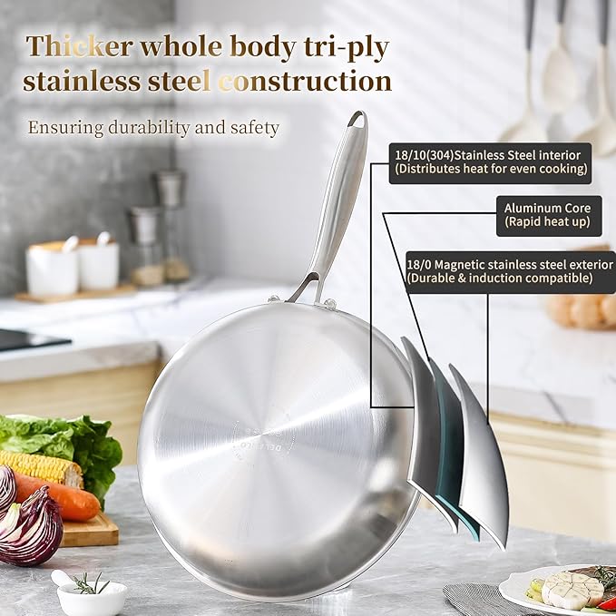 DELARLO Tri-Ply Stainless Steel Pan, 18/10 Frying Pan, Oven Safe Up to 600°F, Nontoxic Cookware, Compatible with All Cooktops Skillet, Durable, Fast Even Heat Fry Pan,9+11 inch Pan