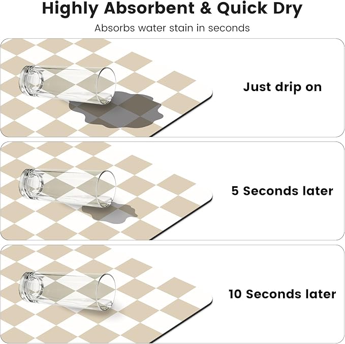 17" x 32" Checkered Dish Drying Mat for Kitchen Counter, Absorbent Coffee Bar Mat for Espresso Machine Coffee Countertops Accessories, Beige