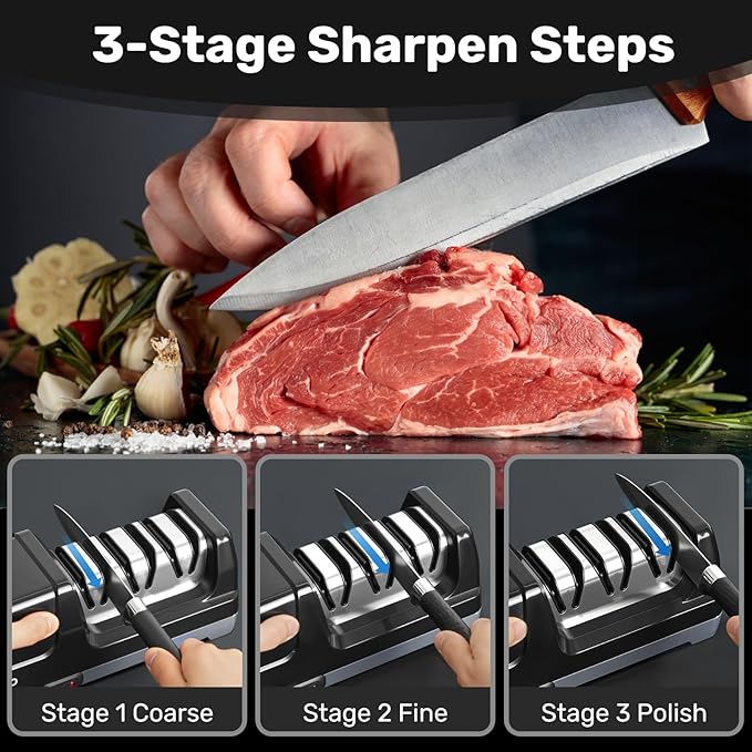 Enutogo Knife Sharpener, 3-Stage Electric Knife Sharpener for Kitchen Knives, 100% Diamond Abrasive with Quick Sharpening & Polishing, Professional Sharpening Tool with Metal Dust Collection Box
