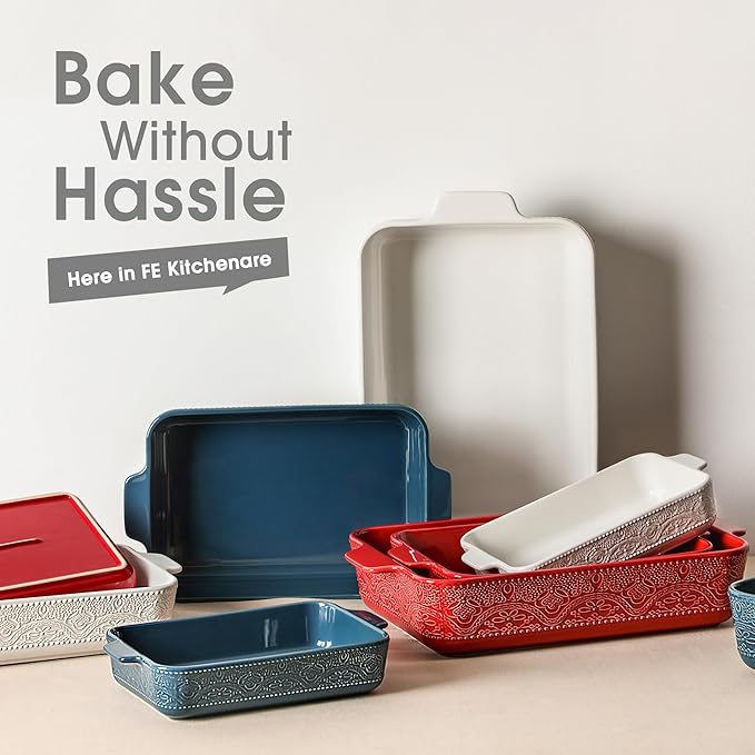 Ceramic Baking Dish Set of 3, Casserole Dishes for Oven, Ideal for Baking, Stewing, Roasting, and Holiday Feasts. The Gift for Mother's Day, Thanksgiving, Christmas, or Housewarming(Christmas Red）