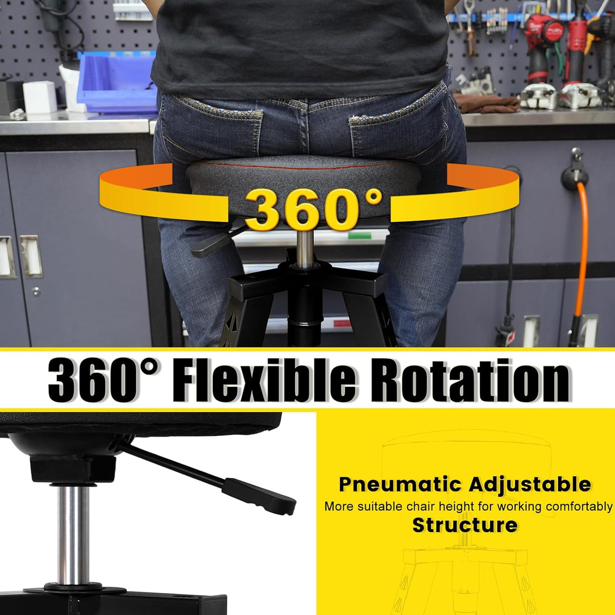Adjustable Tall Shop Stool, Mechanic Garage Bar Stool Chair, Work Metal Chair for Workshop,360° Swivel Padded Seat, Tool Tray Storage, 350 LBS Capacity, Heavy Duty, Black
