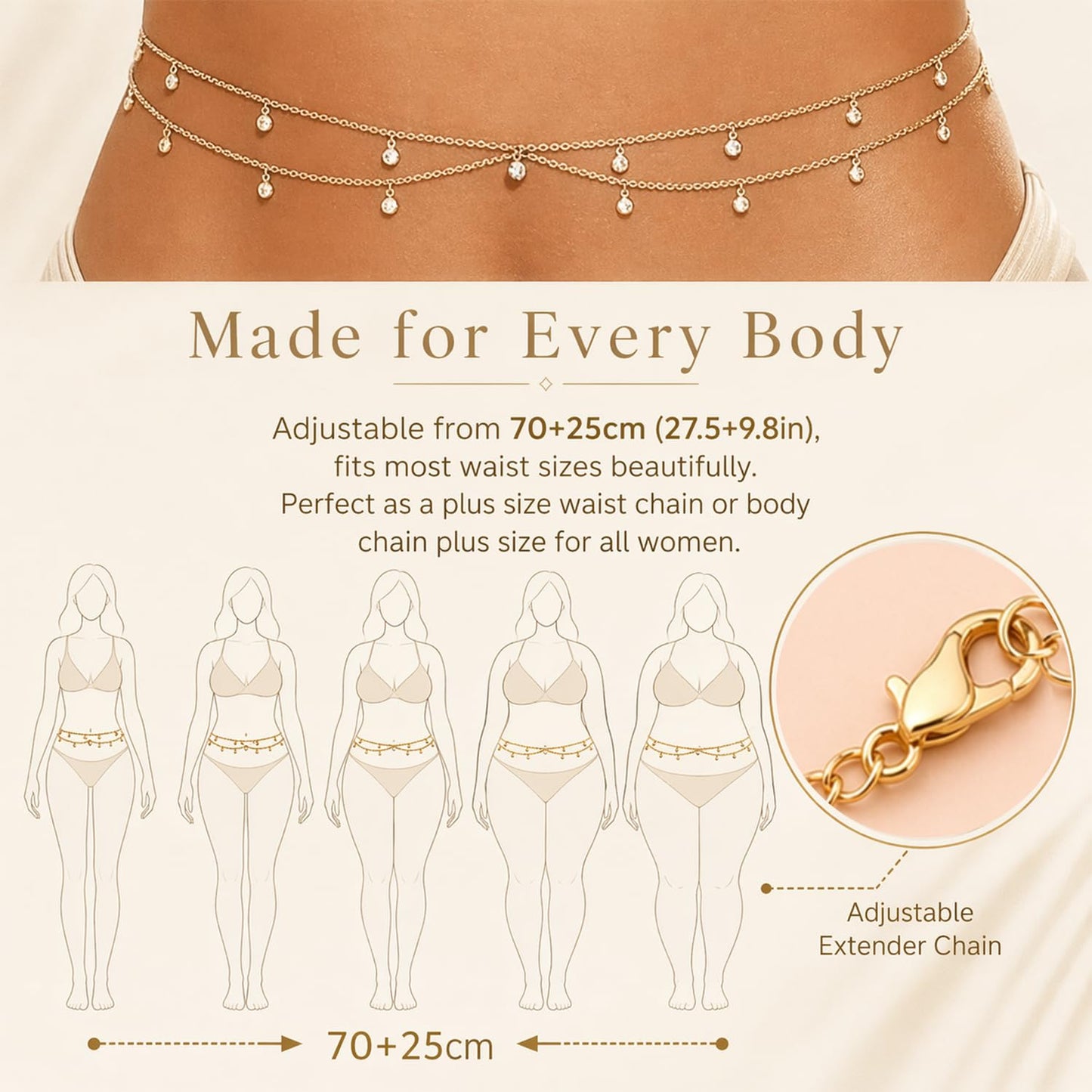 Longita Layered Rhinestone Belly Chain Gold Waist Chain for Women Waist Jewelry for Women Gold Belly Chains Summer Stomach Jewelry Trendy Dainty Sexy Body Chains Non Tarnish Waterproof Plus Size