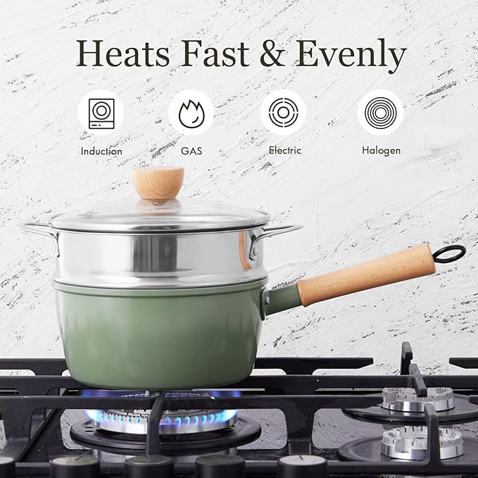 ROCKURWOK Ceramic Nonstick Sauce Pan with Lid, 2 Quart Cooking Pot, Small Saucepan with Steamer, PTFE& PFAS-Free, Wooden Handle for Cool Touch, Universal Base(Gas, Electric & Induction), Green