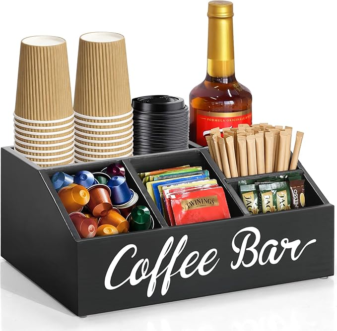 Coffee Station Organizer for Countertop, Wood Coffee Bar Organizer for Farmhouse Coffee Bar Decor, Tea Condiment Storage Organizer, Coffee Pod Holder and Coffee Bar Accessories