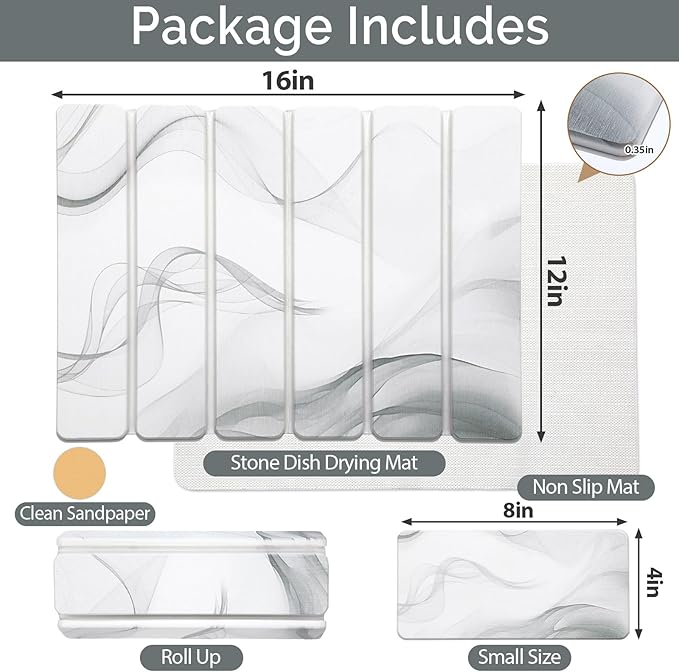 Small Stone Dish Drying Mat for Kitchen Counter, 2 PCS 16"×12" & 8"x4" Quick Dry Stone Mats, Foldable Water Absorbing Diatomaceous Earth Drying Dish Pad for Countertop Bottle Utensil Cup(White Gray)