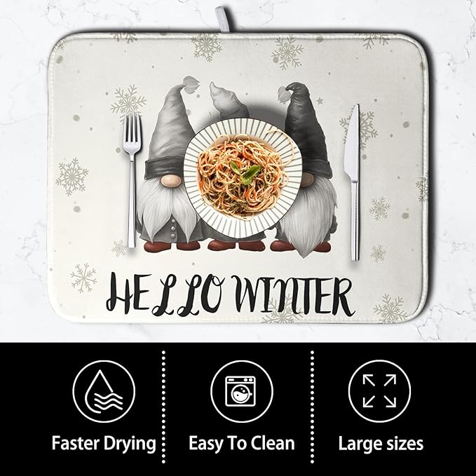Winter Gnome Dish Drying Mat for Kitchen Counter 18x24 Christmas Snowflakes Santa Kitchen Drying Mat Hello Winter Dish Drainer Mat Super Absorbent Dish Rack Mat for Coffee Bar Countertop