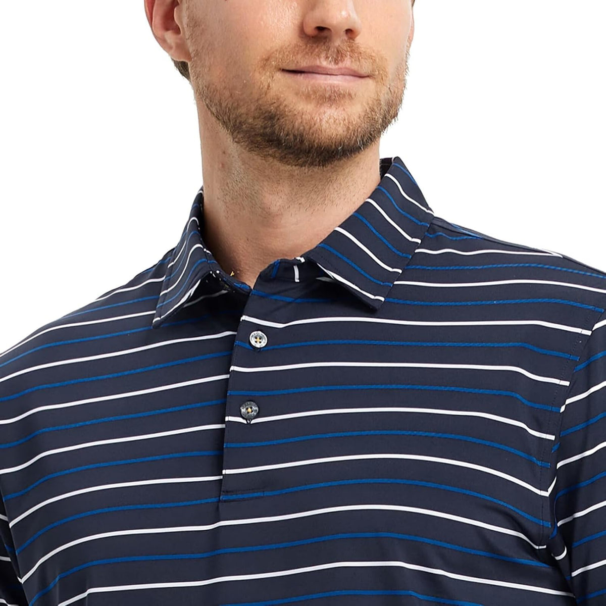 Rouen Mens Golf Shirt Moisture Wicking Dry Fit Performance Stripe Casual Collared Short Sleeve Golf Polo Shirts for Men