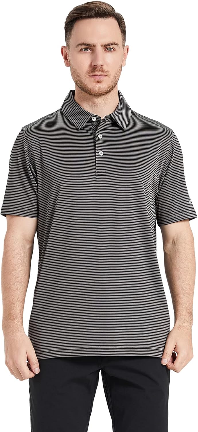 Men's Golf Polo Shirts Short Sleeve Striped Performance Moisture Wicking Dry Fit Golf Shirts for Men