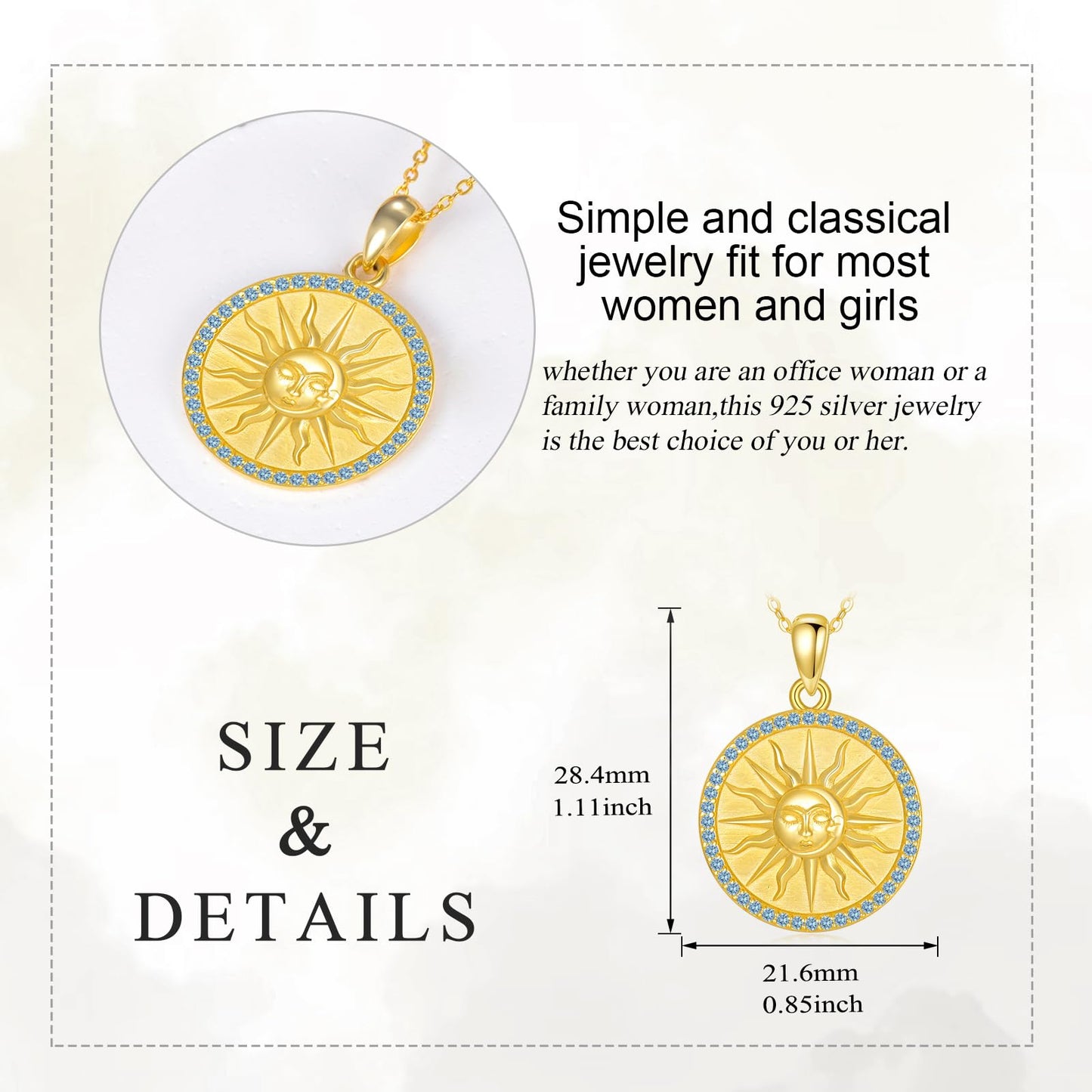 KQF Birthstone Sun Necklace for Women 925 Sterling Silver Sun and Moon Gold Plated Coin Pendant March Jewelry Gift