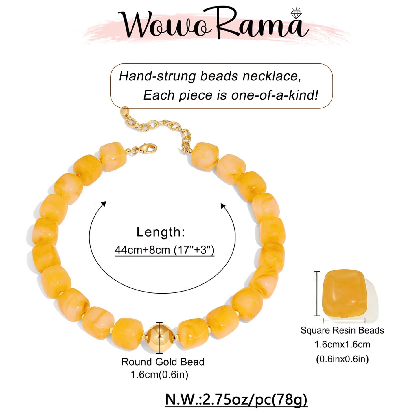 WOWORAMA Yellow Chunky Beaded Necklace for Women Yellow Large Square Resin Bead Necklaces Trendy Chunky Statement Choker Necklace Holiday Jewelry