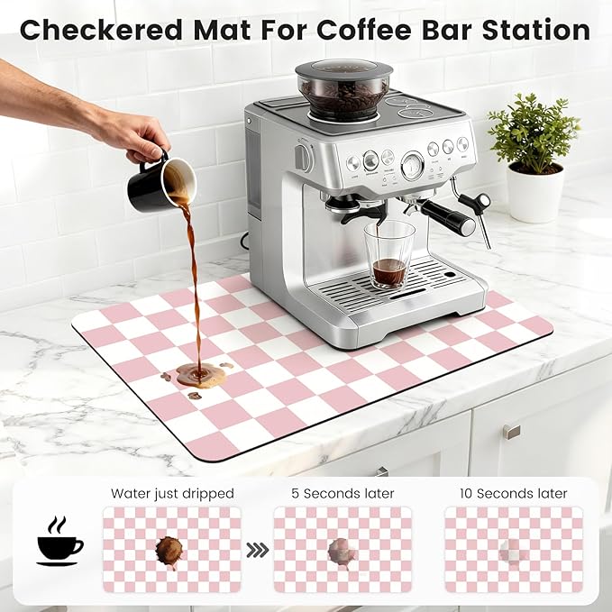16" x 24" Checkered Dish Drying Mat for Kitchen Counter, Absorbent Coffee Bar Mat for Espresso Machine Coffee Countertops Accessories, Pink