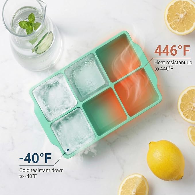 KitchFort Large Silicone Ice Cube Tray (3-Pack), Easy Release 2" Big Ice Cubes - Cocktail, Whiskey Ice Cubes Mold - Ice Trays for Freezer with Lid - Stackable Silicone Ice Tray - Green