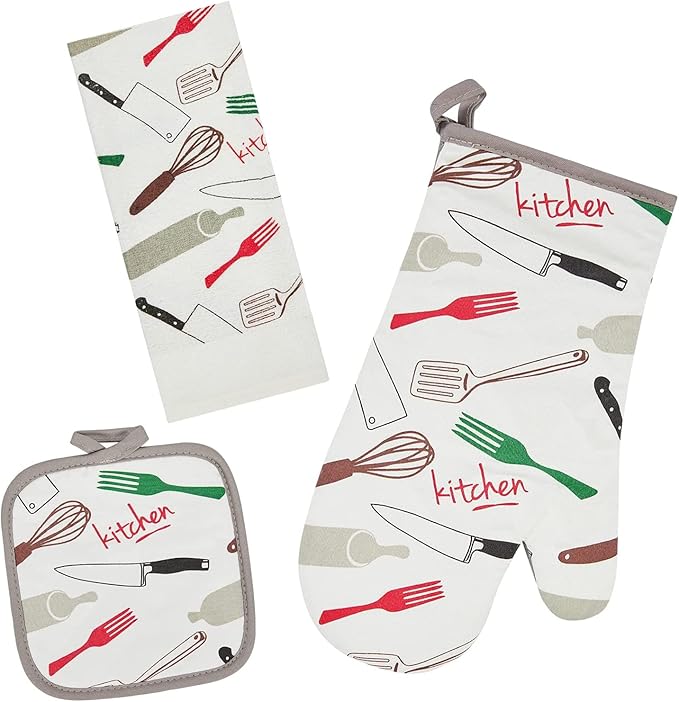 Oven Mitts and Potholders Dish Towles Set 100% Cotton for Perfect for Gifting, Baking, and Everyday Cooking Durable Heat Resistant for Kitchen and Machine Washable (3-Piece Fork and Knife)