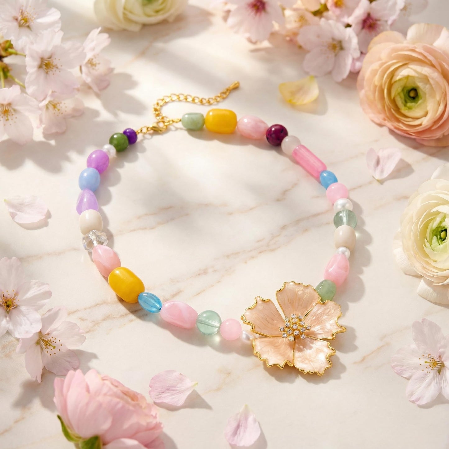 CLASSYZINT Flower Pendant Necklace Colorful Beaded Choker with Gold Flower Pendant Boho Summer Everyday Party Accessory for Women