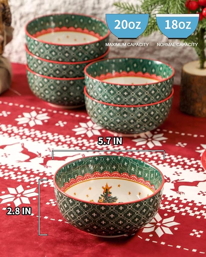 HASENSE Cereal Bowls Set of 6, 20 oz Christmas Ceramic Soup Bowls, Small Serving Dishes Set for Kitchen, Ideal for Salad, Pasta, Oatmeal, Ramen, Fruit, Dishwasher & Microwave Safe