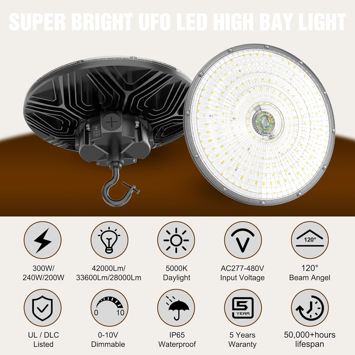 3 Pack 480V LED High Bay Light UL DLC Listed UFO Light 300W 240W 200W Adjustable, Dimmable High Bay LED Shop Lights 5000K Daylight, IP65 Commercial Bay Lighting for Warehouse Factory