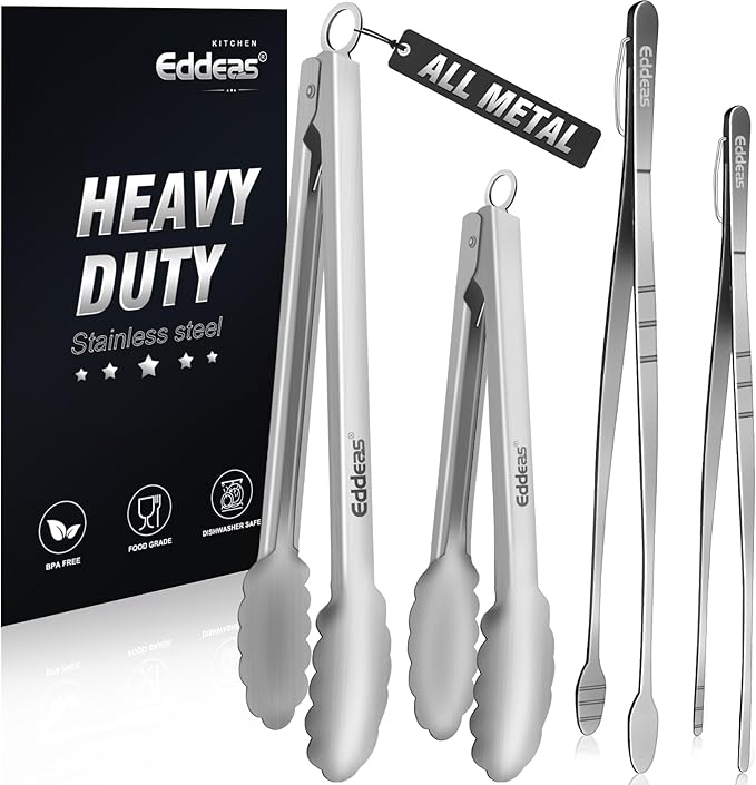 Eddeas Tongs For Cooking - Heat Resistant 600 Degrees, All Metal Kitchen Tweezers Tongs, Heavy Duty Stainless Steel Cooking for Food, Grill, BBQ, Dishwasher safe Set of 4 (12" & 9in)
