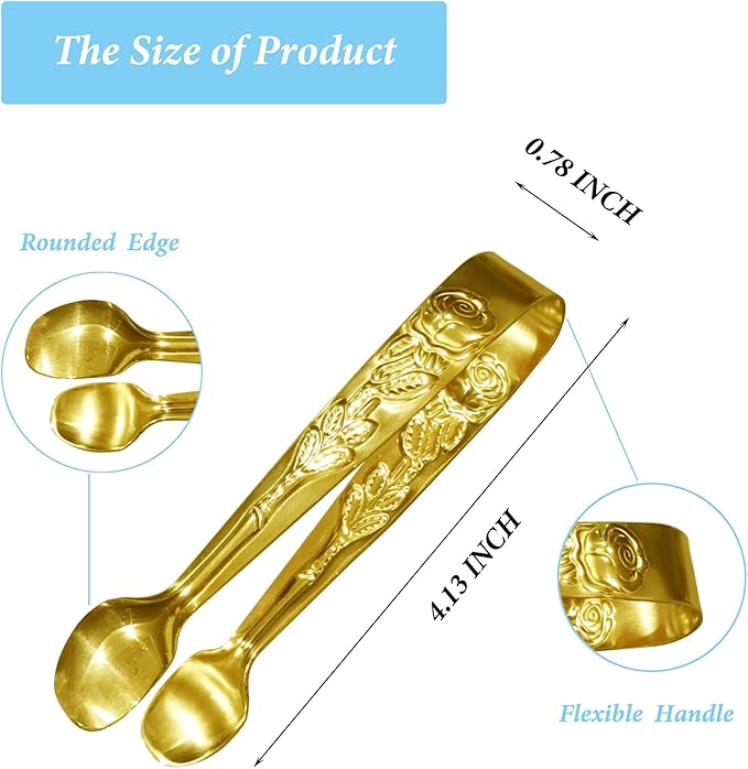 3PCS Mini Serving Tongs, 4Inch Rose Stainless Steel Sugar Cube Tongs, Sliver Small Ice Tong for Tea and Coffee Party, Appetizers, Desserts by Sunenlyst (Gold)