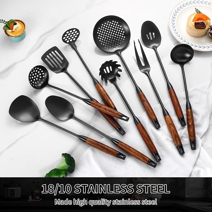 Izurok 18/10 Stainless Steel Kitchen Utensils Set,10 Piece Cooking Utensils With Wood Handle,Heat Resistant Kitchen Tool Set With Spatula,Spoon,Ladle,Skimmer,Slotted Turners,Pasta,Turner,Ladl,Fork