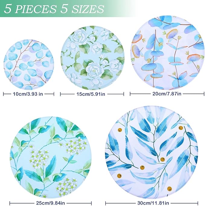 5 Pieces Bowl Covers Reusable, 5 Size Elastic Cloth Bowl Covers for Bread Proofing, Food Covers Washable for Food Fruits Leftover (Eucalyptus Leaves)