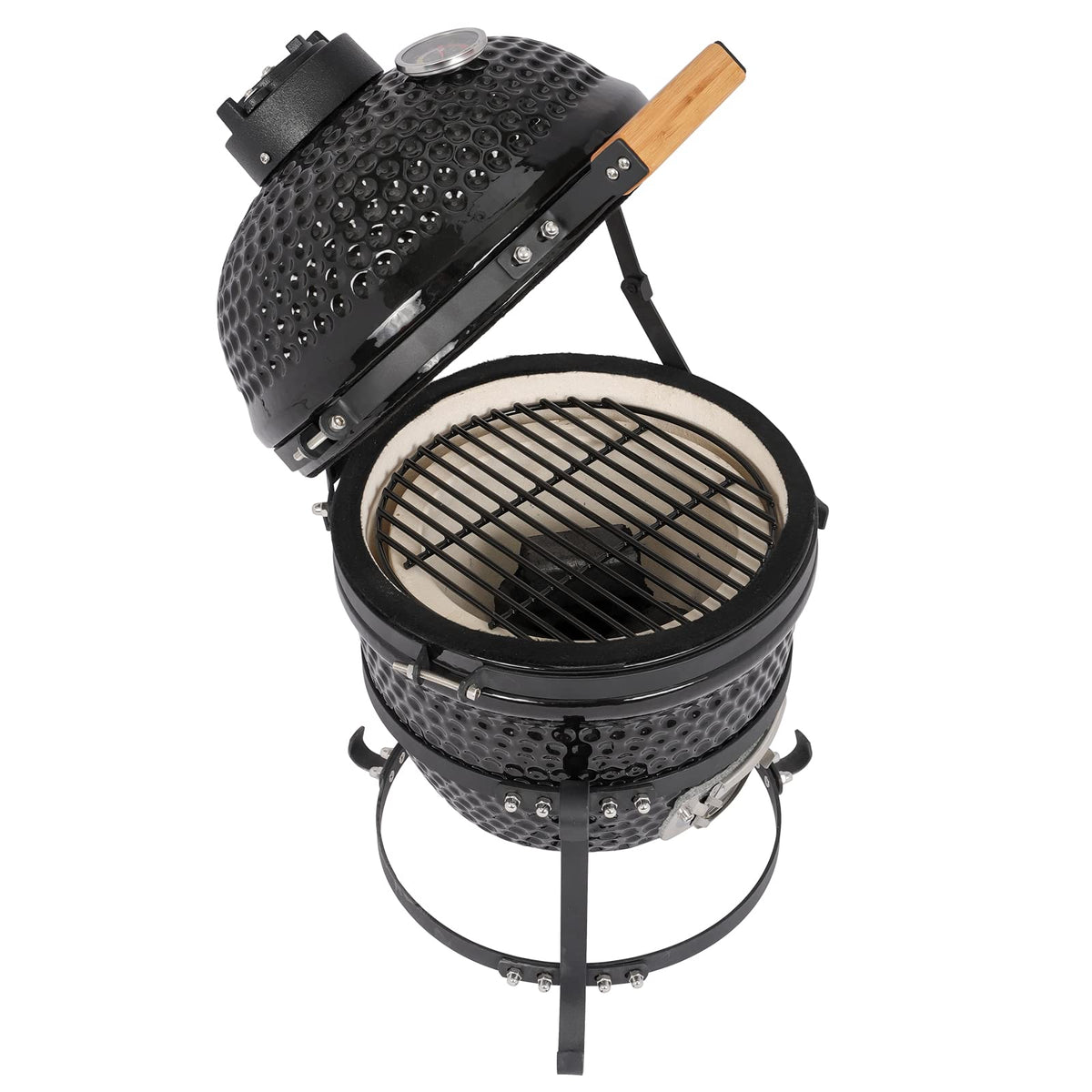 Sky Limited 13" Round Kamado Charcoal Grill, Portable Ceramic Barbecue Grill with Thermometer for Variations on Cooking Methods(Black) (Black)