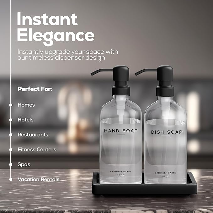 Glass Hand and Dish Soap Dispenser Set by Brighter Barns - Kitchen Soap Dispenser Set with Tray, Stainless Steel Pump - Glass Bottles for Sink - Black Kitchen Accessories for Home, Hotel, Gift (Clear)