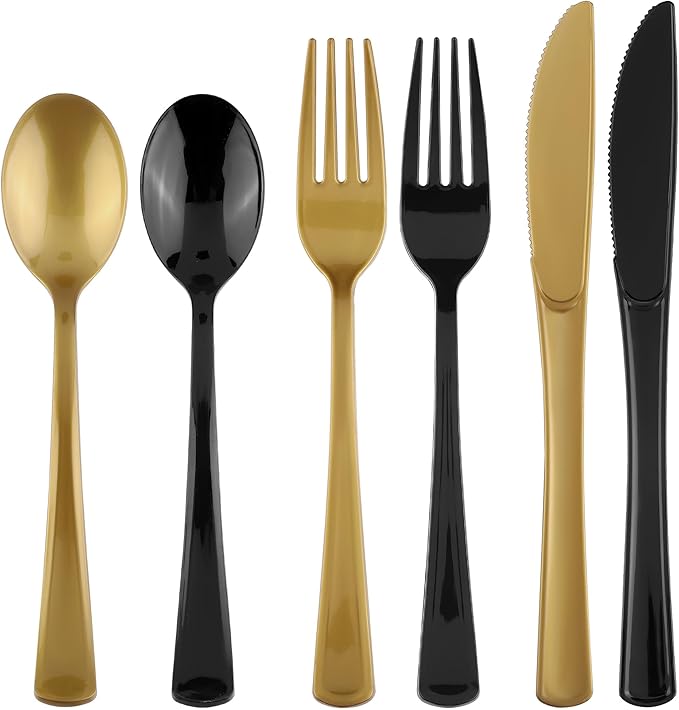 300 Pieces Black and Gold Plastic Silverware Heavy Duty Plastic Cutlery Set Disposable Flatware Includes Spoons Forks Knifes for Party Supplies