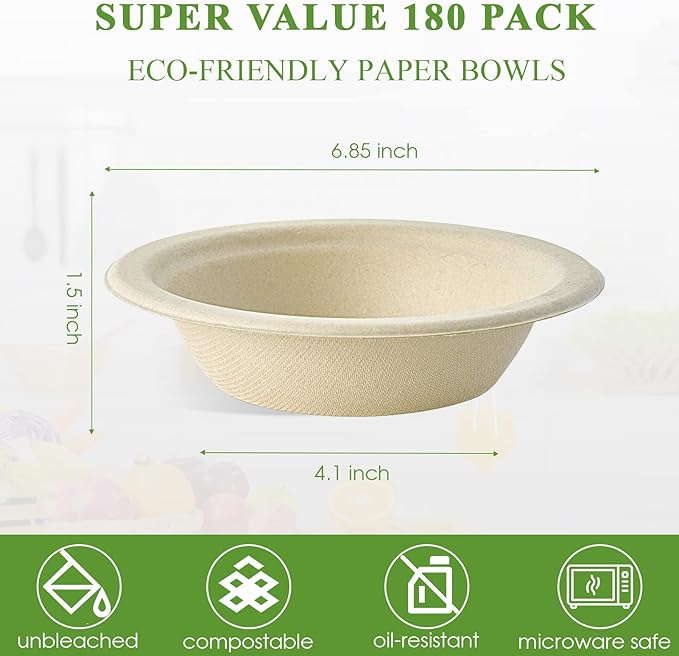 Vplus 180 Pack 16 OZ Paper Bowls, Disposable Compostable Bulk, Eco-friendly Bagasse, Heavy-duty Bowls Perfect for Milk Cereals, Snacks, Salads