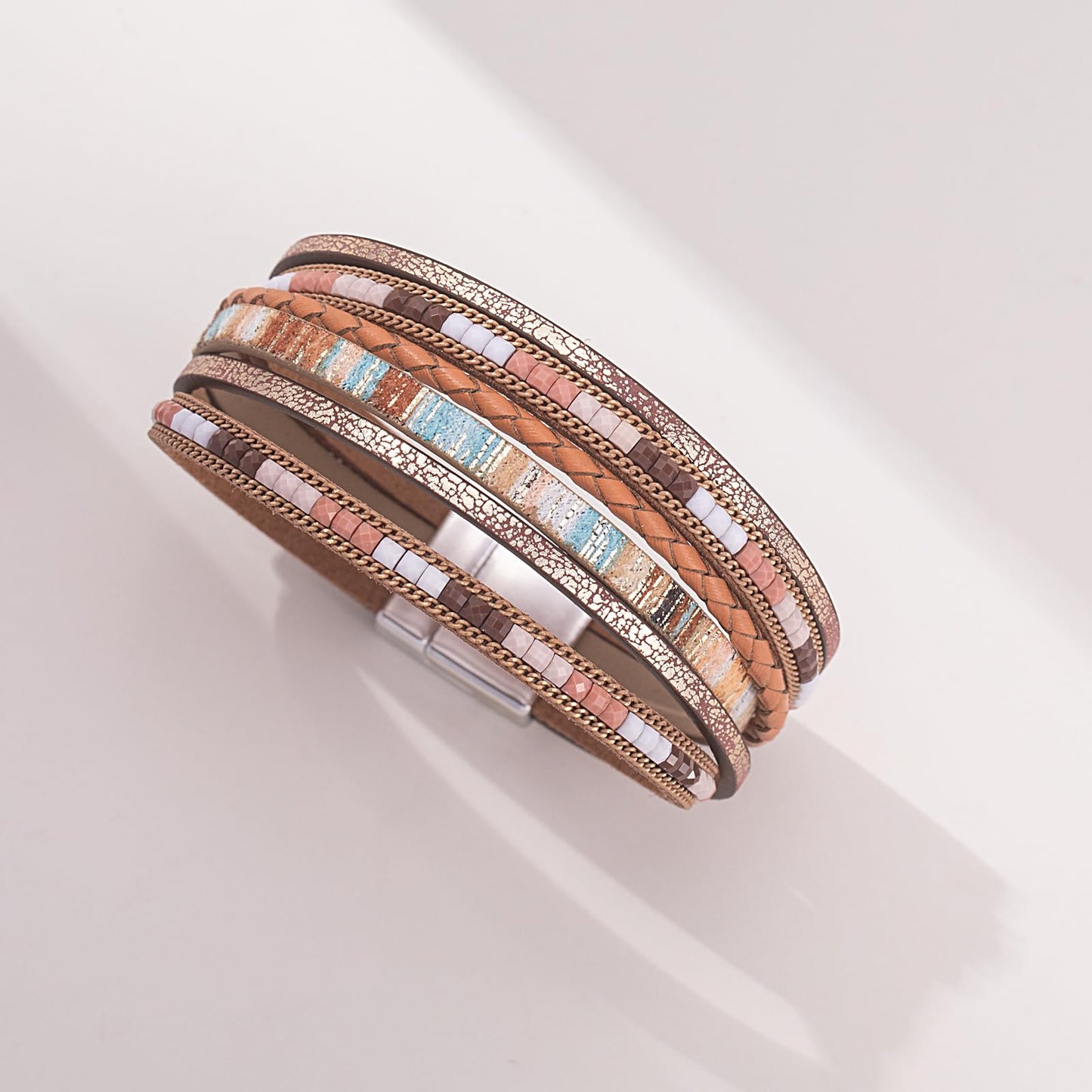 FANCY SHINY Boho Leather Wrap Bracelets Trendy Layered Bracelets with Magnetic Clasp Strackable Bohemian Cuff Jewelry Gifts for Women(Brown)