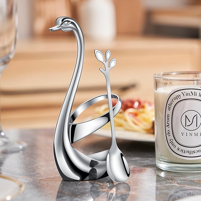 AnSaw Silver Small Coffee Spoon Holder Set,Swan Base With 10 Pcs Demitasse Espresso Spoons Set,4.7" Mini Leaf Dessert Spoon,Stainless Steel Tea Spoons