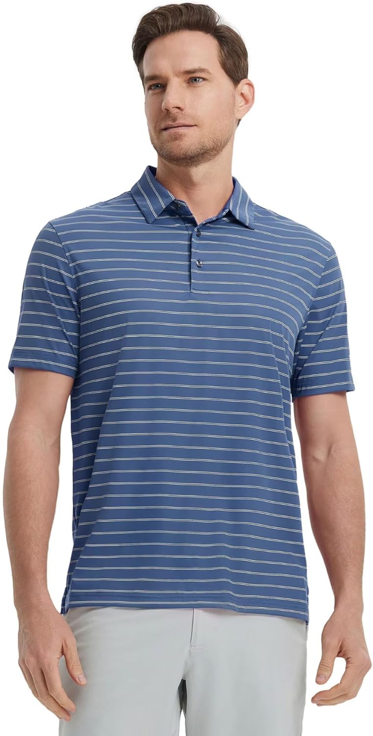 M MAELREG Mens Striped Golf Shirts Short Sleeve Silk-Like Touch Water-Resistant Breathable Soft Collared Polo Shirts for Men