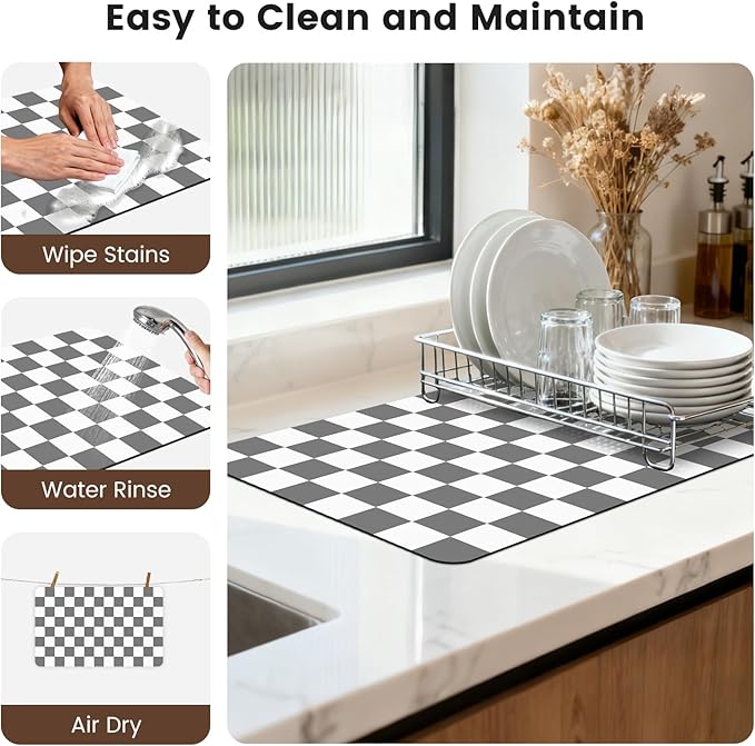16" x 24" Checkered Dish Drying Mat for Kitchen Counter, Absorbent Coffee Bar Mat for Espresso Machine Coffee Countertops Accessories, Grey