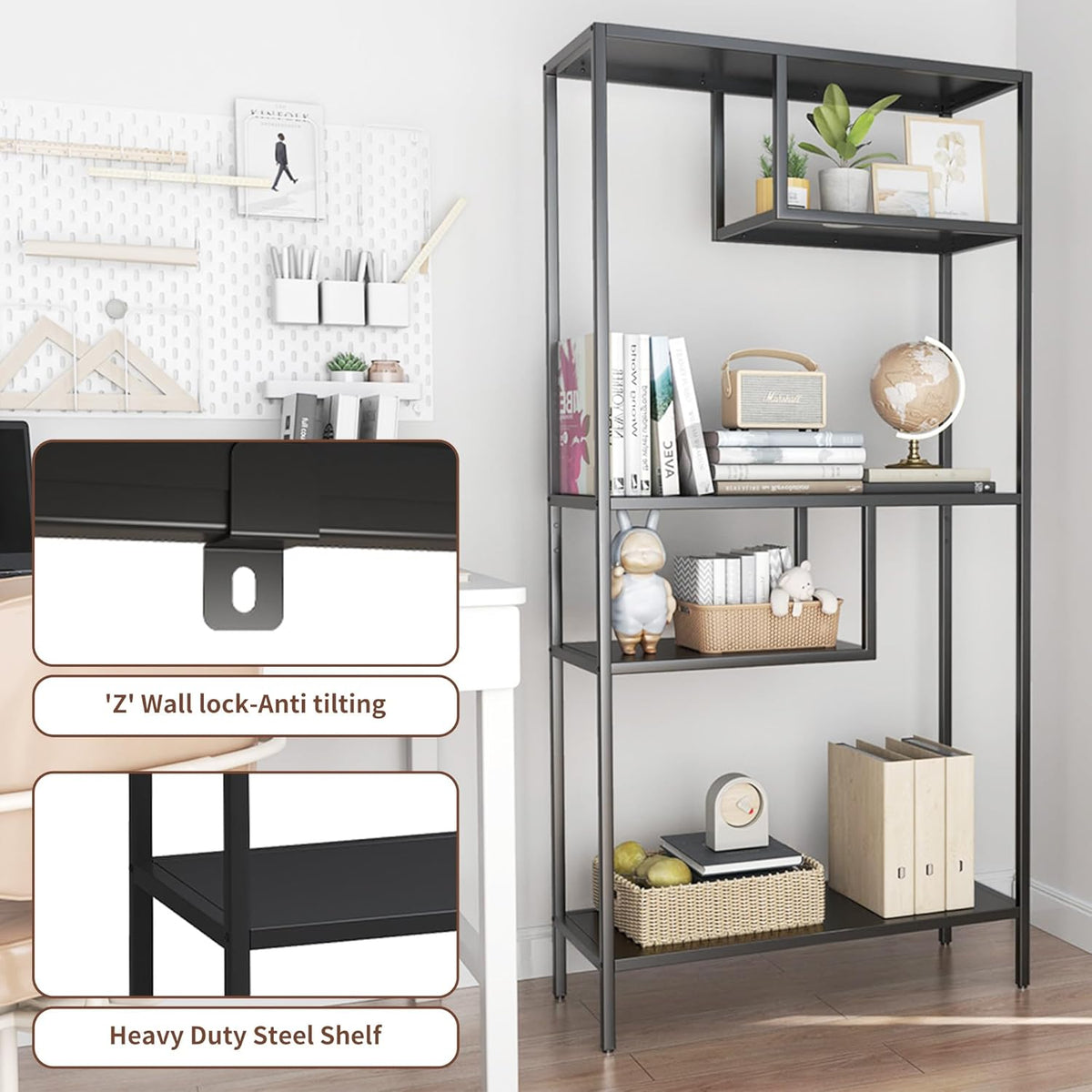Metal Storage Shelving Unit, Decorative Geometric Bookcase, Modern Freestanding Display Shelves, Tall Book Shelf Unit for Living Room Bedroom Office, Easy Assembly