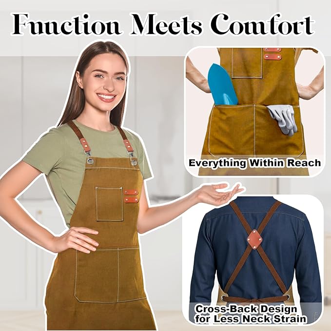 Plus Size Kitchen Apron for Men Women, Cross Back Cotton Canvas Chef Apron