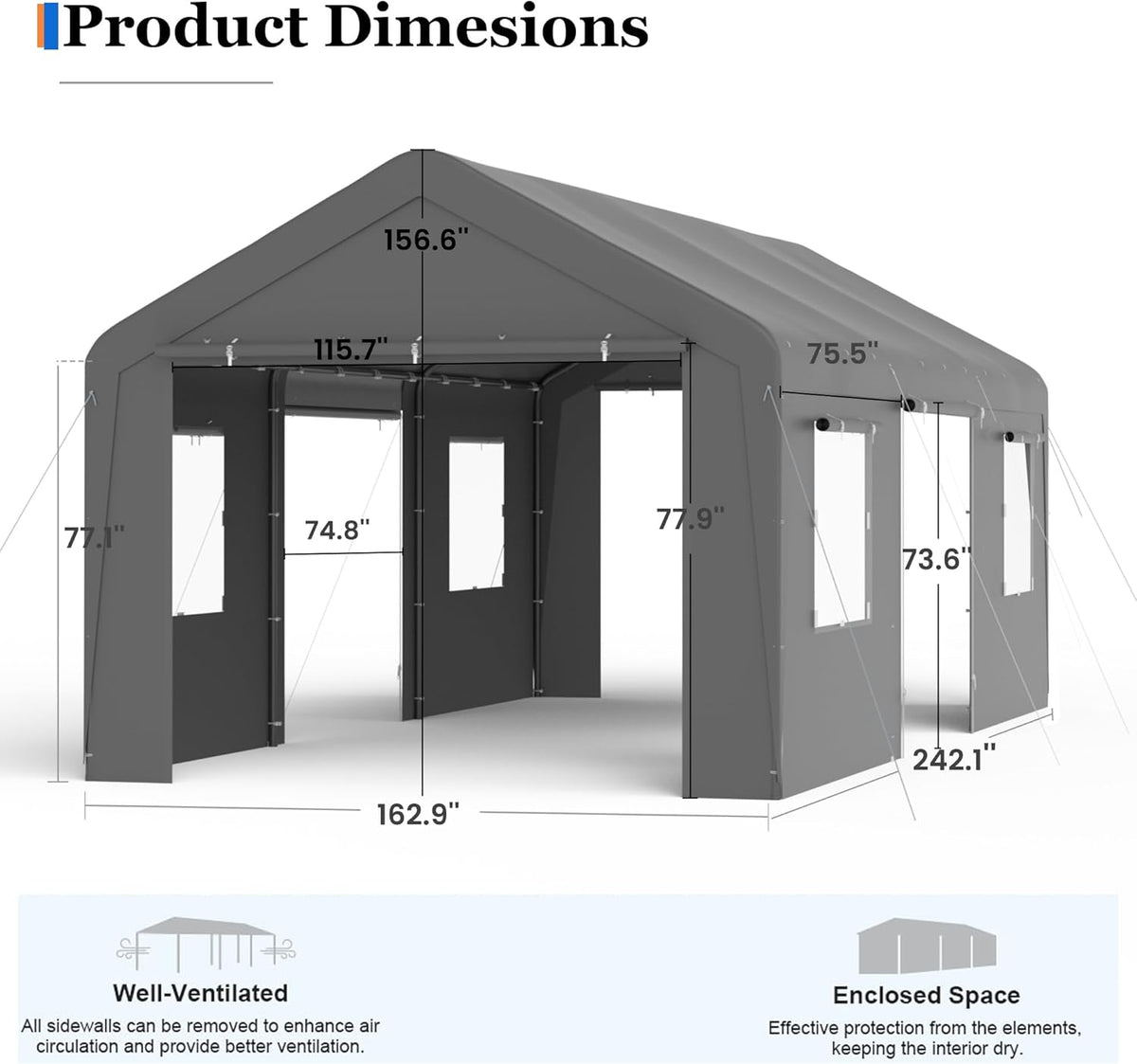 Carport, 13‘ x 20’ Heavy Duty Portable Garage All-Season Car Canopy w/Removable Sidewall & Doors, Carport Canopy Party Tent w/Water-Resistant Tarp for Backyard (Grey, 13‘ x 20')