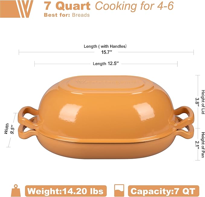 VORRINGARD Enameled Cast Iron Sourdough Bread Oven, Dutch Oven, Loaf Cast Iron Bread Pan for Homemade Bread Baking, Meatloaf Pan with Lid, 7QT, Yellow