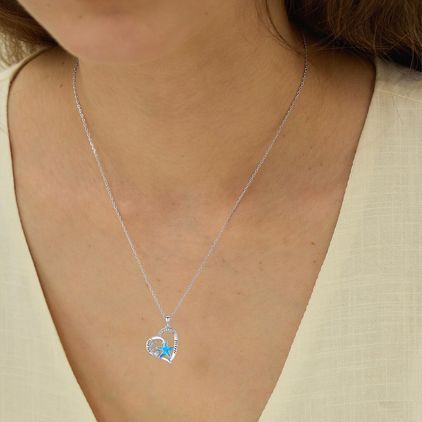 Twoowl Blue Opal Starfish Shells Necklace 925 Sterling Silver Ocean Pendant Necklaces Beach Jewelry Gifts for Women Girlfriends Mom Birthday
