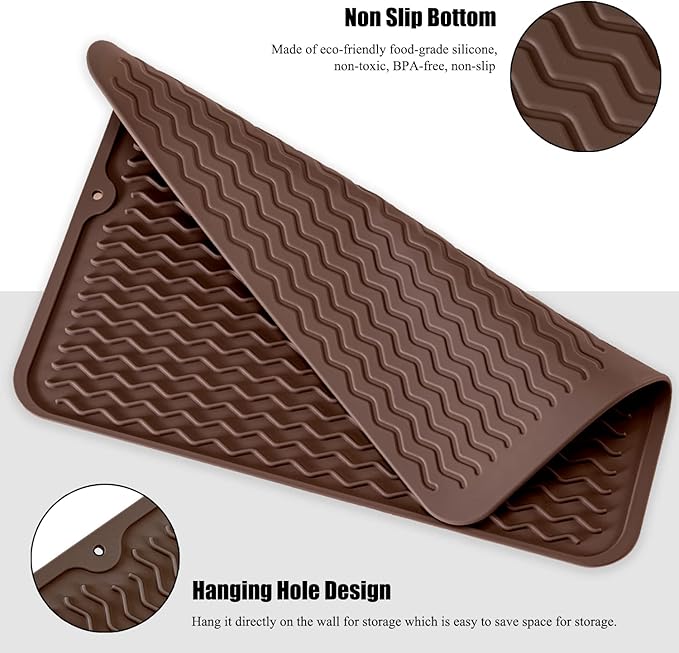 Silicone Dish Drying Mat, Non-Slip Easy Clean Sink Mat Large Heat-resistant Dish Drainer Mat for Kitchen Counter, Sink, Refrigerator or Drawer liner (16" x 12", COFFEE)