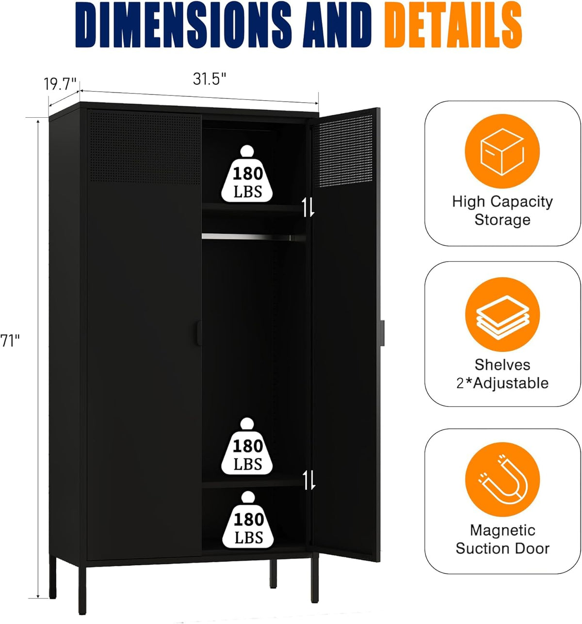Metal Storage Cabinets Locker with Hanging Rod and Adjustable Shelves, 71'' Clothing Steel Storage Wardrobe for Home & Office, School, Employee,Gym(Black, 71''H-Wardrobe)