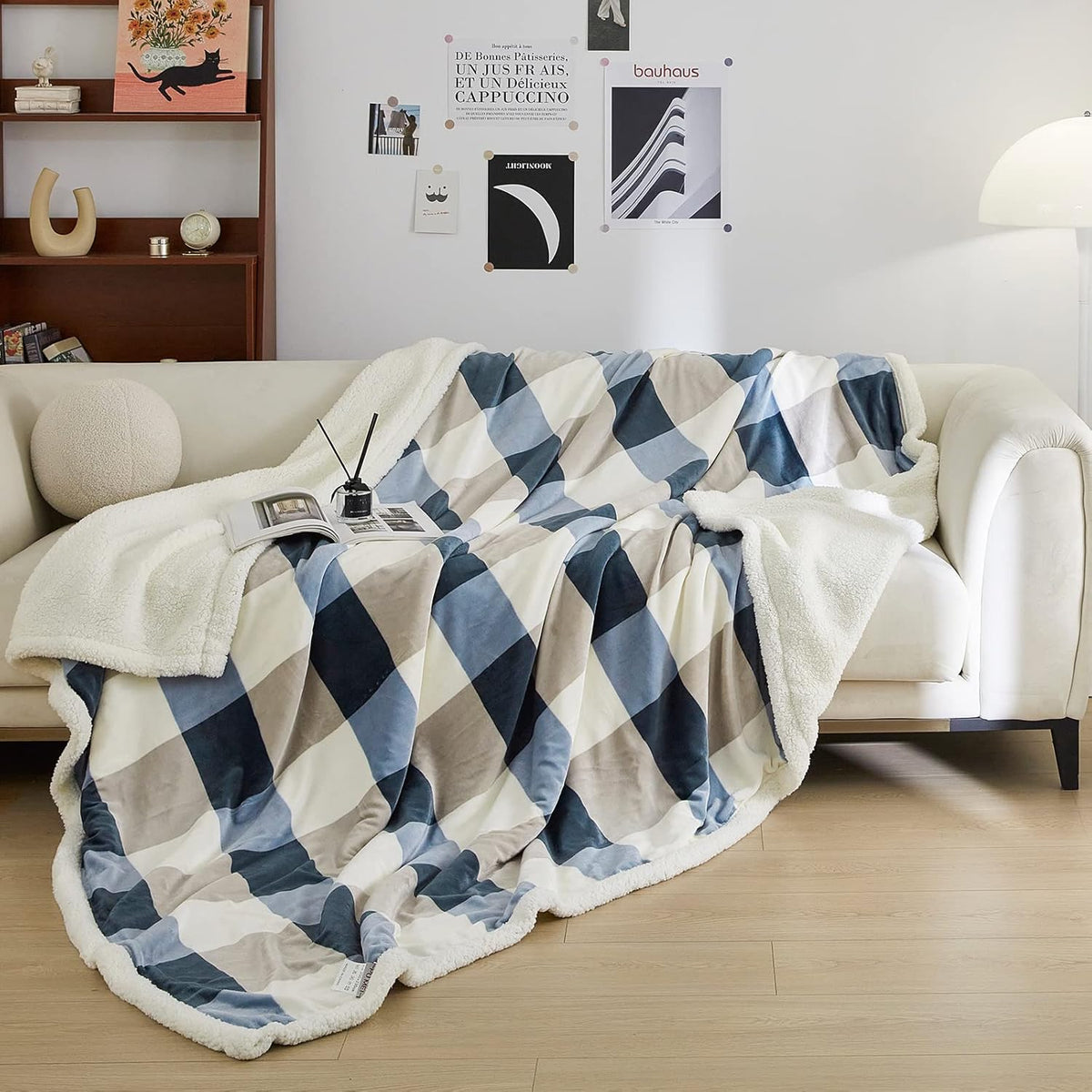 PU MEI Sherpa Fleece Throw Blanket 80" x 90" Full/Queen Reversible Plush Fluffy Extra Large Big Blanket Lattice Flannel Blankets for Sofa Couch Bed (Grey-Soft Blue, 80"*90")