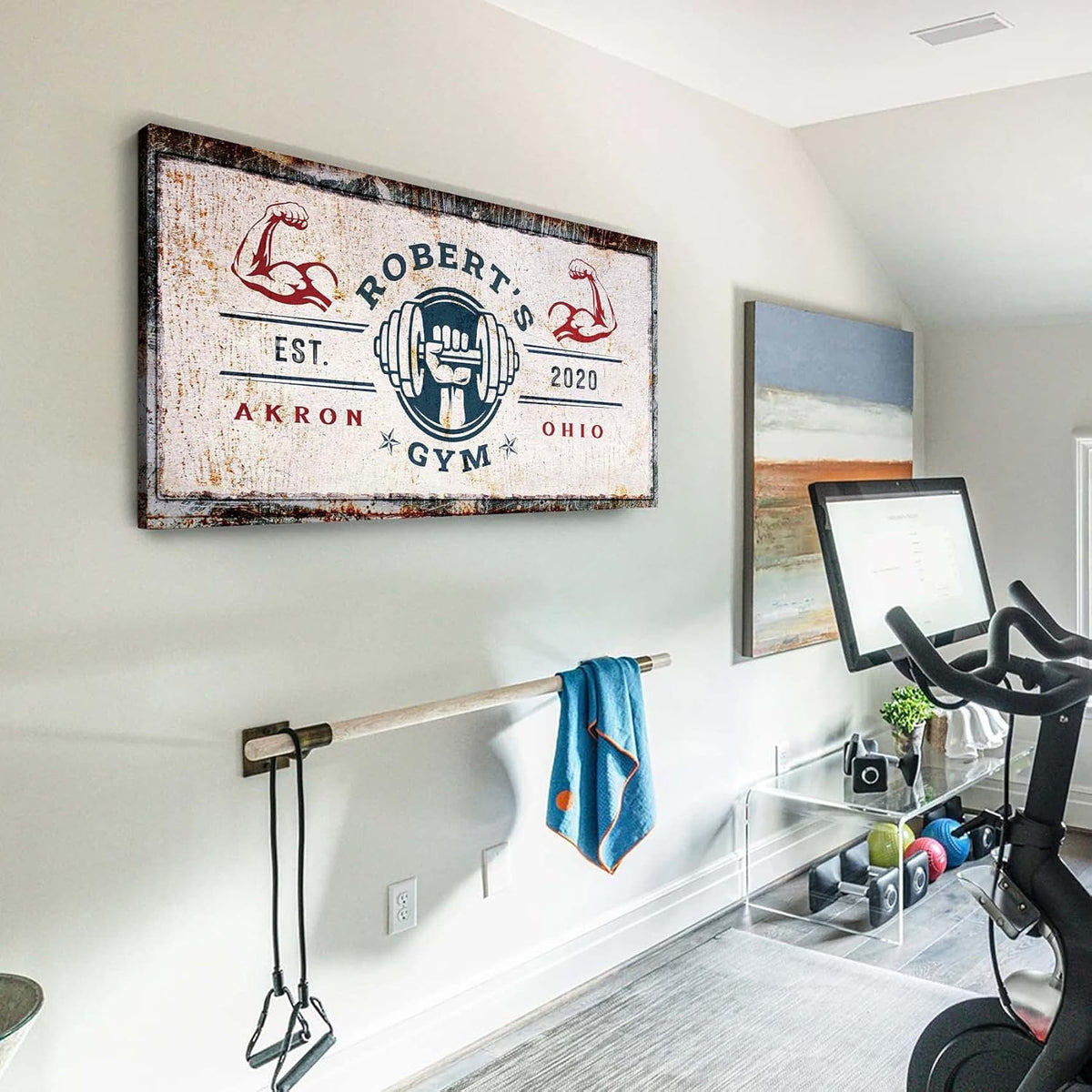 Tailored Canvases Personalized Gym Sign Wall Art Decor - Motivational Canvas for Home Gym, Workout Room, Garage, Fitness Center - Workout Inspirational Posters - One Hand with Dumbbell on Rustic, 48x24in