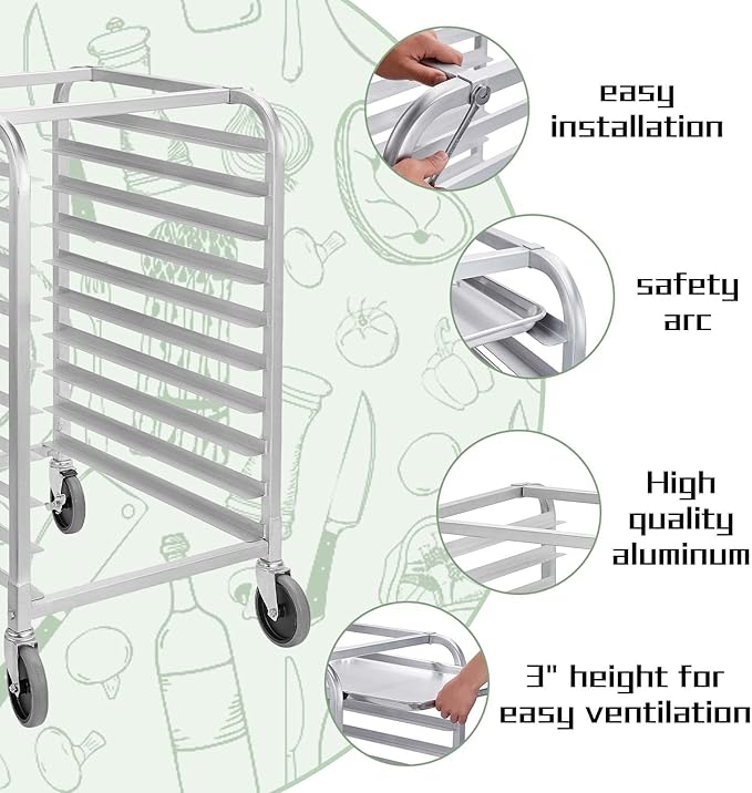 HALLY SINKS & TABLES H Bun Pan Rack 10 Tier with Wheels, Commercial Bakery Racking of Aluminum for Full & Half Sheet - Kitchen, Restaurant, Cafeteria, Pizzeria, Hotel and Home, 26" L x 20" W x 38" H