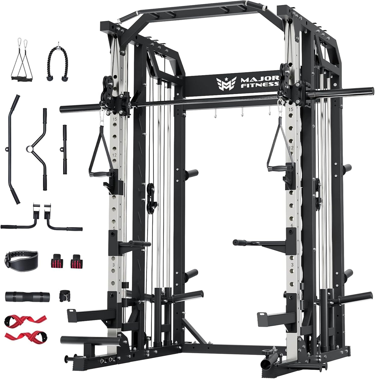 Major Fitness Drone2 Smith△ Machine – All-in-One Home Gym Squat Rack with Weight Bar, Dual LAT Pull-Down Systems & Cable Crossover Machine for Full-Body Workouts