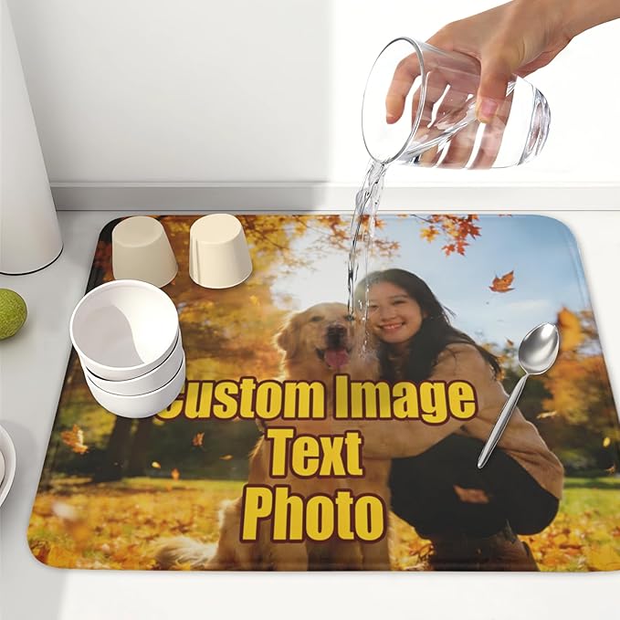 Personalized Dish Drying Mat for Kitchen Counter,Customized Drying Mats with Photo Text Image 16 x 18 Inch with High Absorbent Microfiber Drainer Mat for Coffee Bar