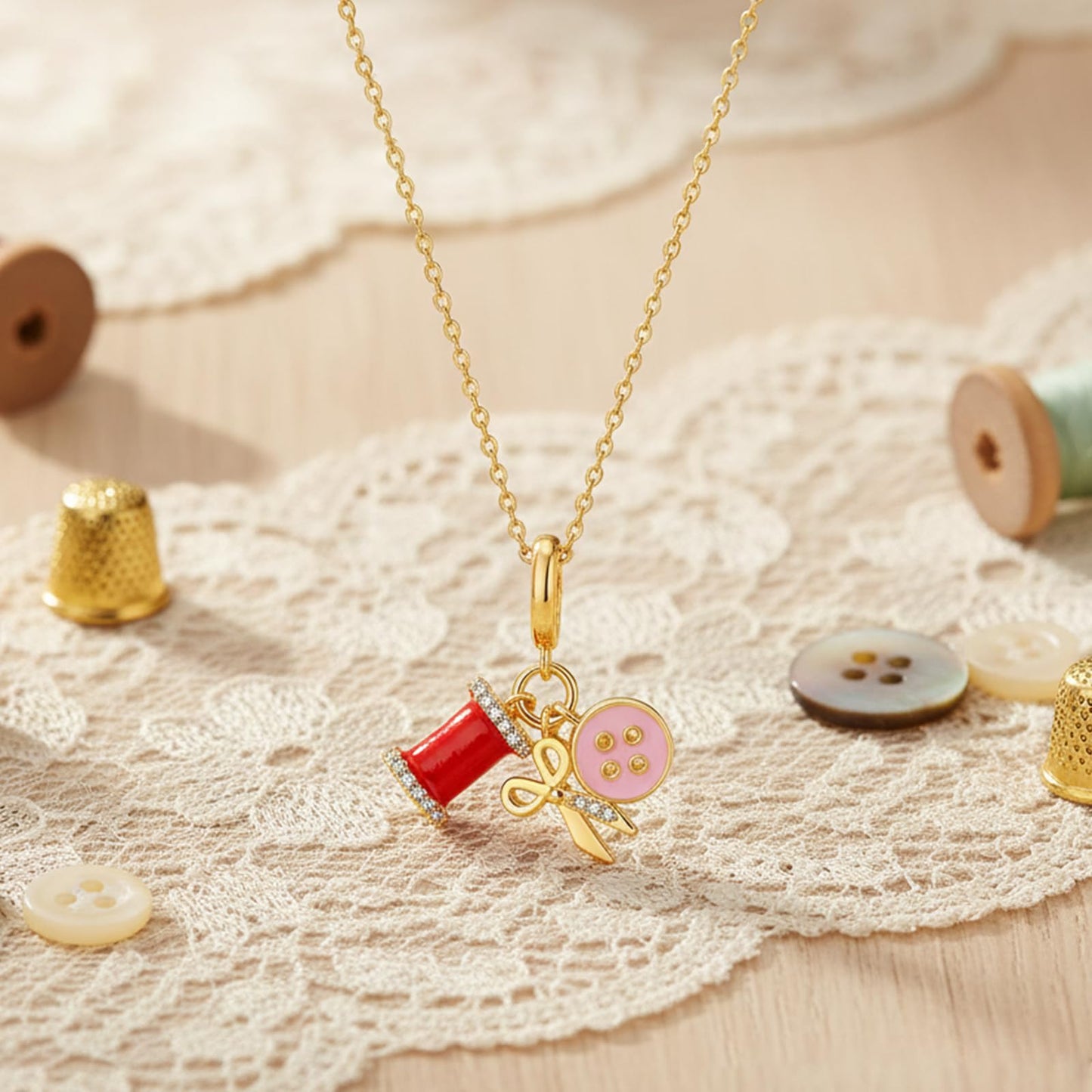 crataly Sewing Enamel Necklace For Women-Gold Plated Mini Wire Spool Button And Scissor Combination Necklace For Valentines Day Mother's Day Christmas Birthday Gifts